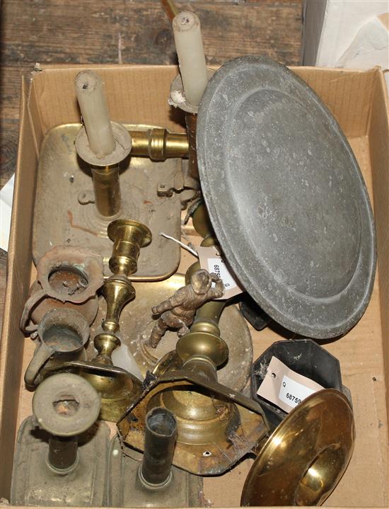 Sundry metalware, inc chamberstick, brass candlestick, octagonal figural tobacco jar (a.f) etc